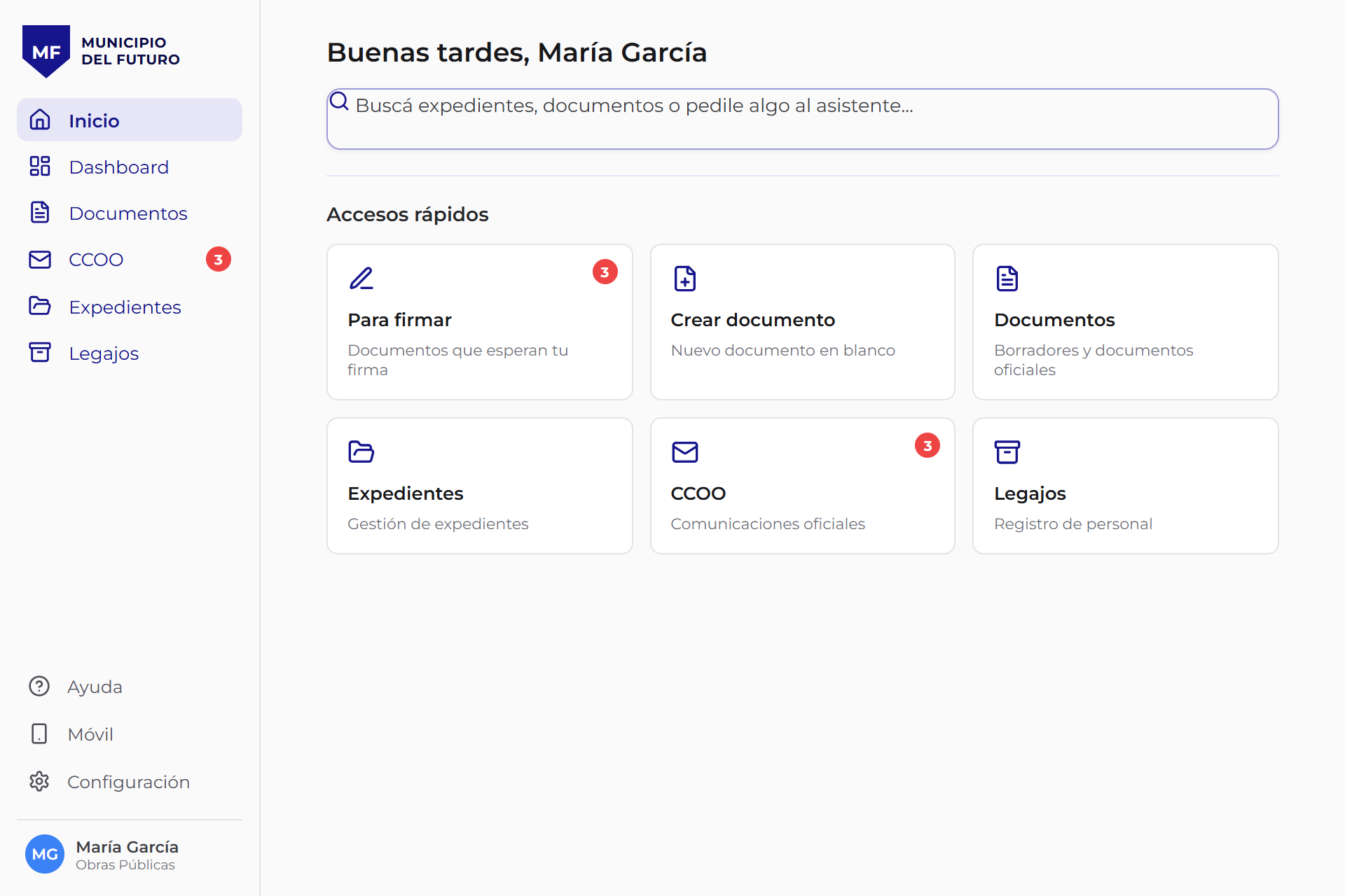 Inicio de GDI con accesos rápidos y búsqueda