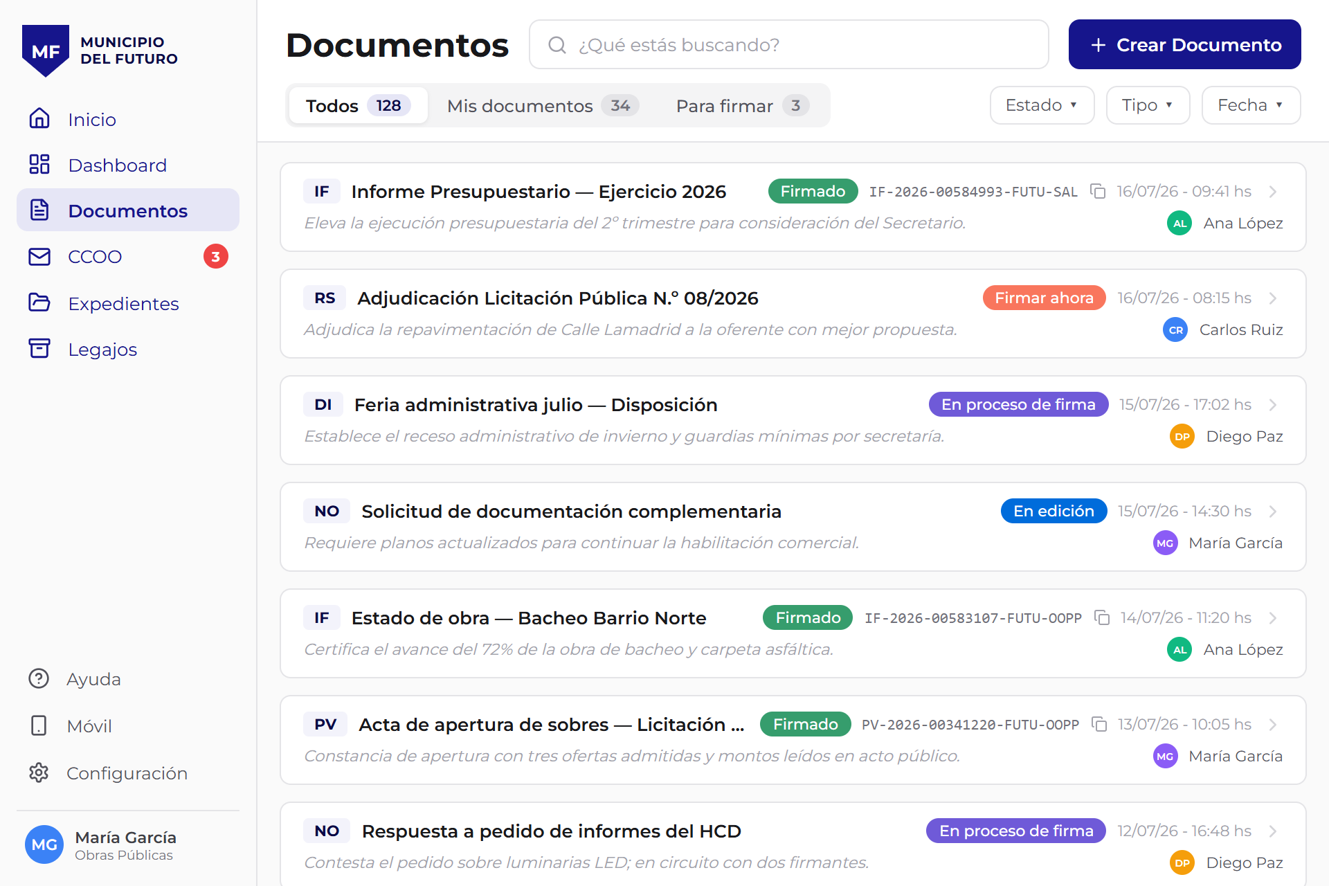 Listado de documentos con estados de firma