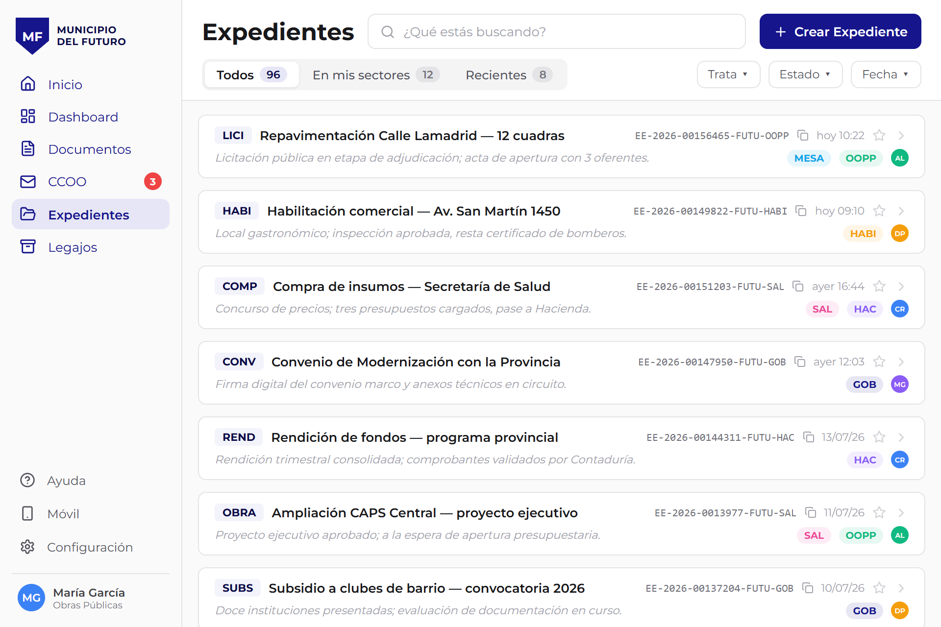 Bandeja de expedientes en GDI